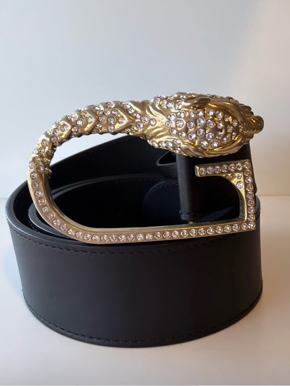 Gucci Black Leather Belt with Gold Jeweled Tiger Buckle